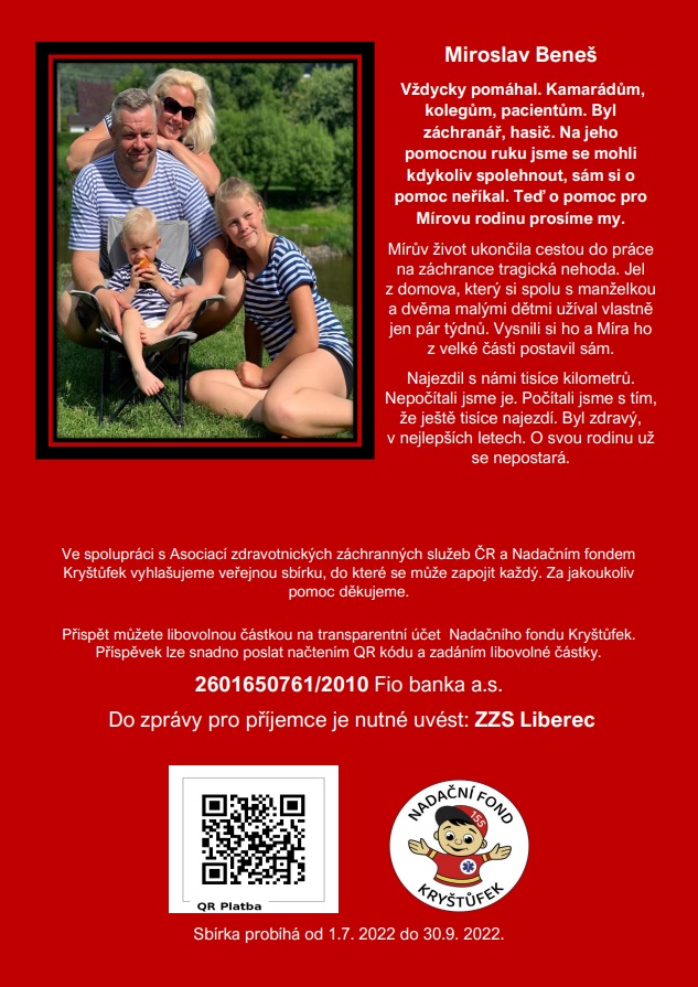 Sbírka na podporu rodiny záchranáře Miroslava Beneše ZZS LK